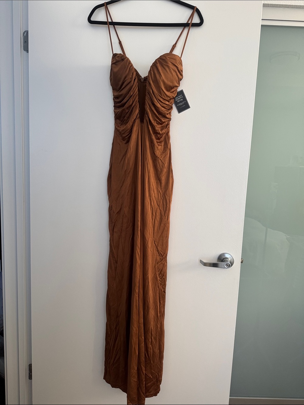 Jluxlabel TAN AURIC DEEP PLUNGE MAXI DRESS Women's Brown Ruched Satin Slip Dress